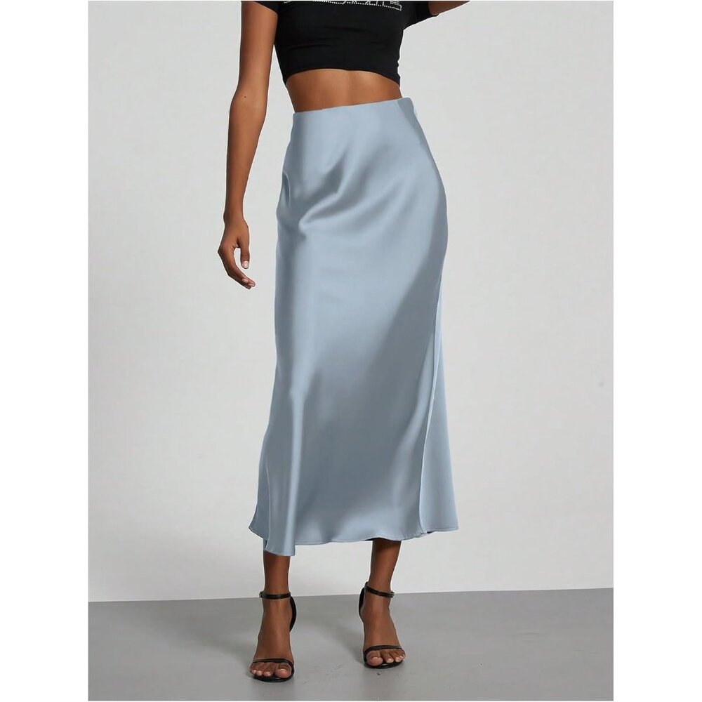 Women's Dusty Blue 100% Polyester Satin A Line Long Elegant Office Maxi Skirts - Picture 4 of 5